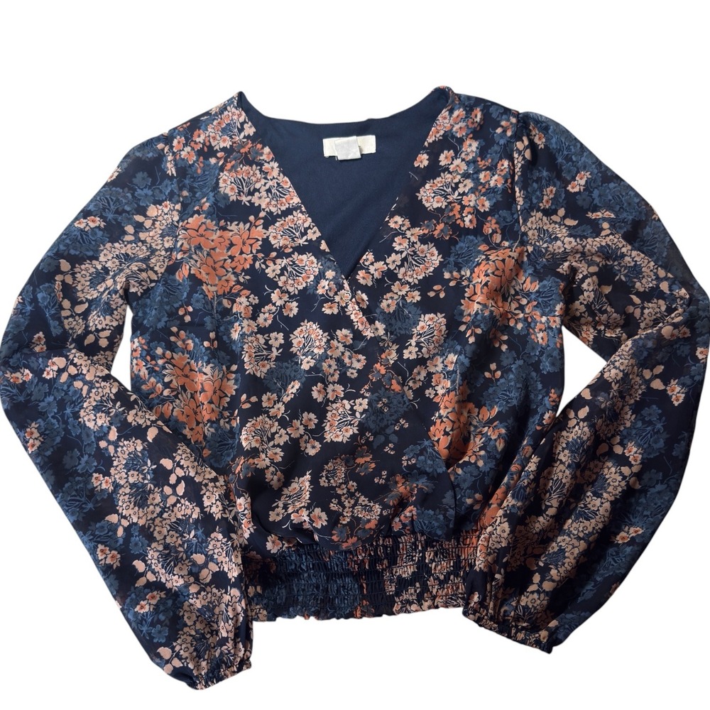 Japna Floral Surplice Blouse Navy Pink Womens XS Smocked Waist Boho Top